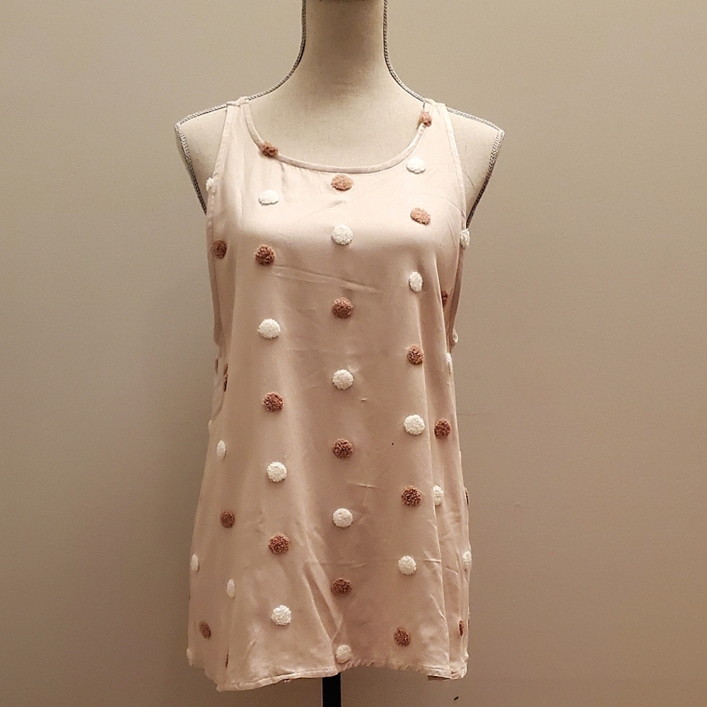MINE Tank Top Large Cream w Tan & White Dots Flowy Design NWT